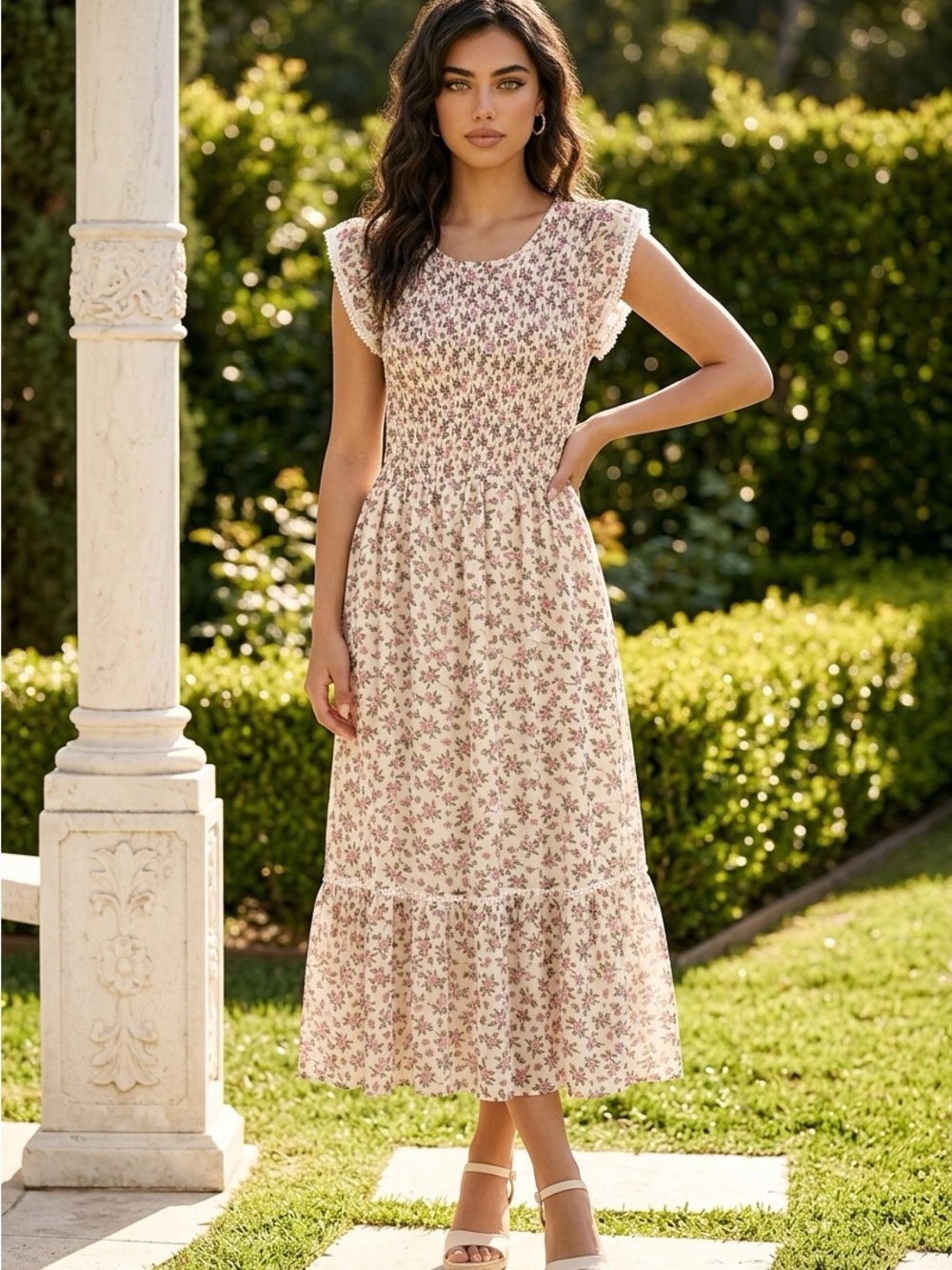 Lost + Wander Cream Midi Dress with Pink Floral Print